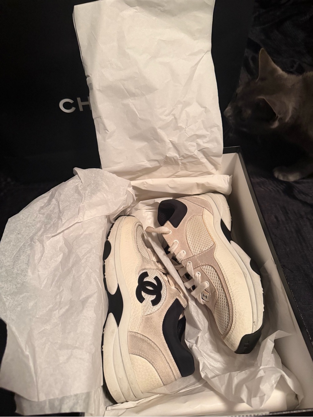 CHANEL Cream and Black Kids Logo Sneakers